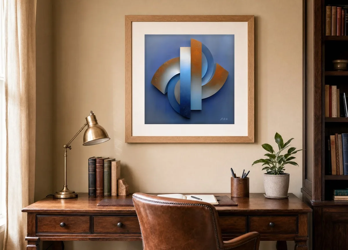 ba-0081-rust-and-blue-relief-print-2-room-study-oak-v6 Rust and Blue Relief by Bassem, art print shown framed on a wall