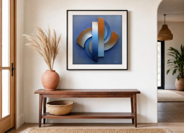 ba-0081-rust-and-blue-relief-print-3-room-entryway-black-v6 Rust and Blue Relief by Bassem, art print shown framed on a wall