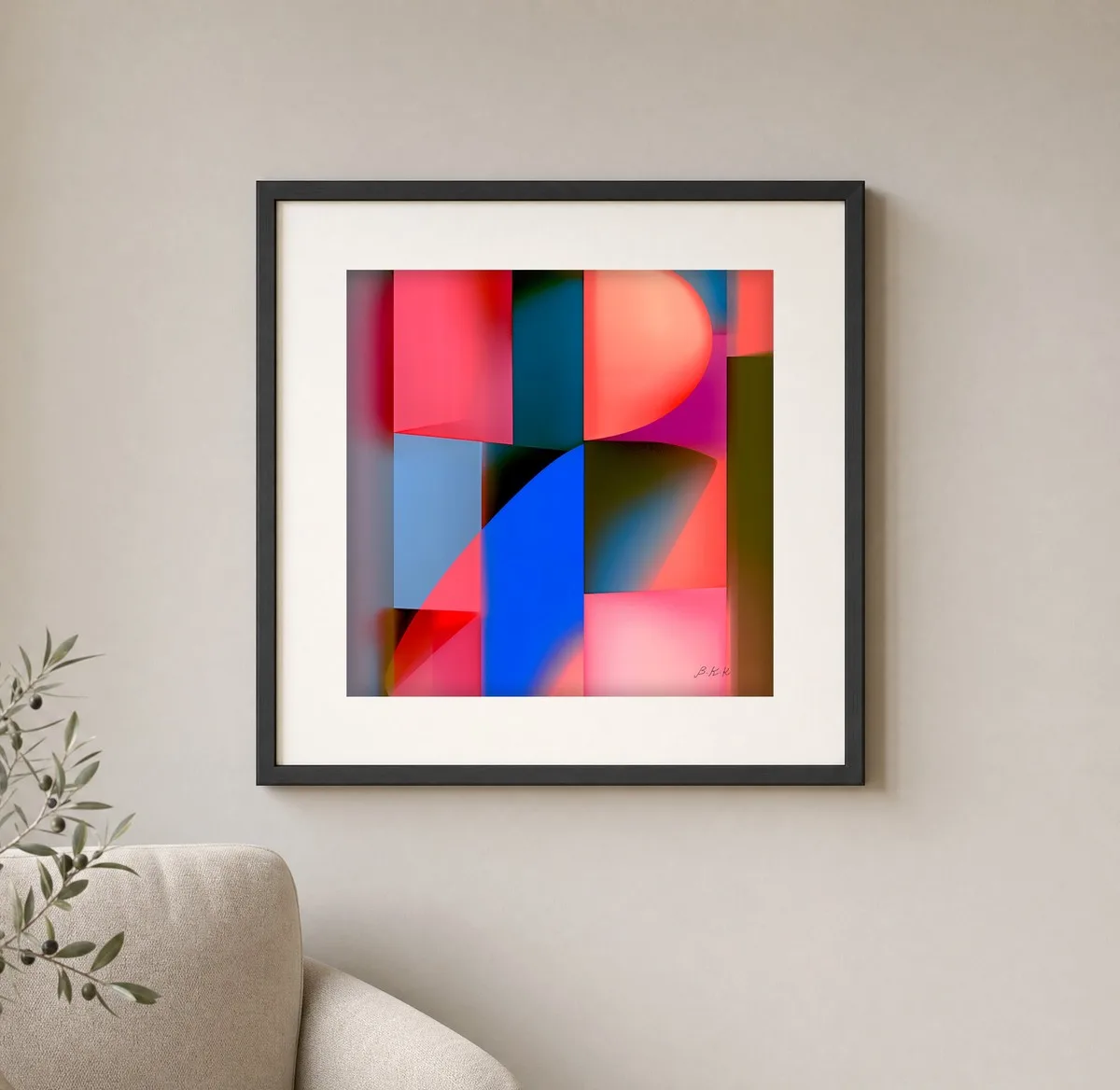 ba-0082-soft-focus-blocks-print-1-closeup-black-v6 Soft Focus Blocks by Bassem, art print shown framed on a wall
