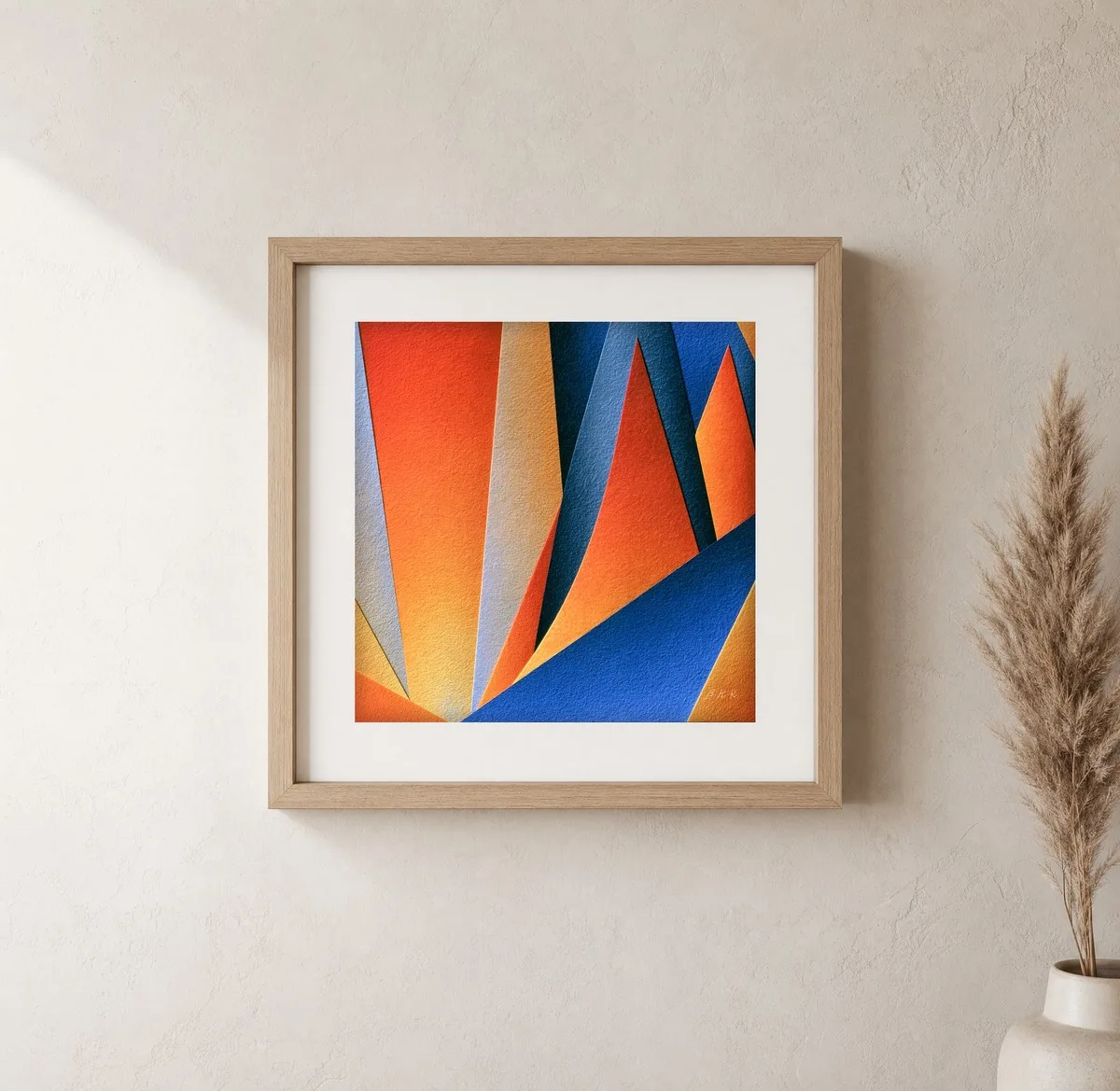 ba-0083-sharp-orange-peaks-print-1-closeup-oak-v6 Sharp Orange Peaks by Bassem, art print shown framed on a wall