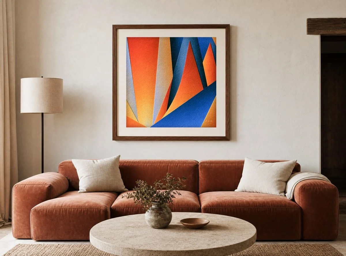 Sharp Orange Peaks by Bassem, art print shown framed on a wall