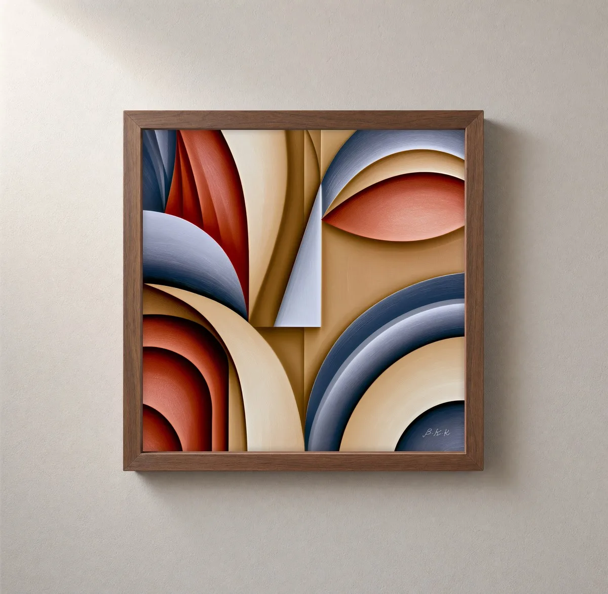 Carved Terracotta Curves by Bassem, framed print on a wall