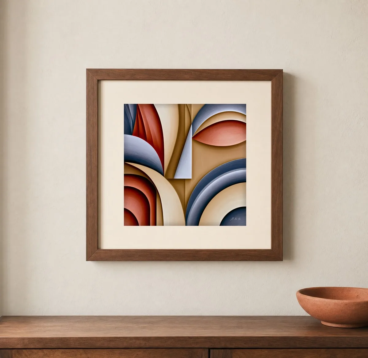Carved Terracotta Curves by Bassem, art print shown framed on a wall