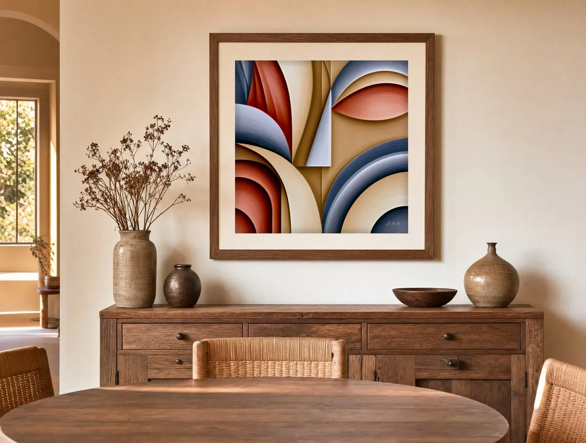 Carved Terracotta Curves by Bassem, art print shown framed on a wall