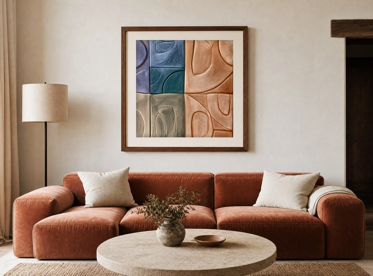 Carved Color Tiles by Bassem, art print shown framed on a wall