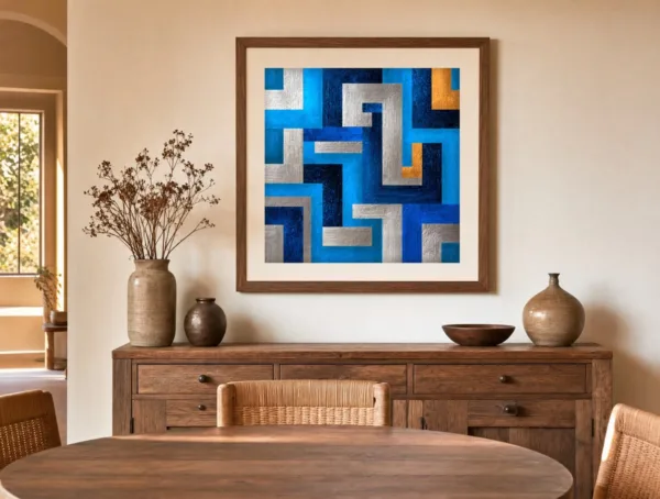 Sky Blue Labyrinth by Bassem, art print shown framed on a wall