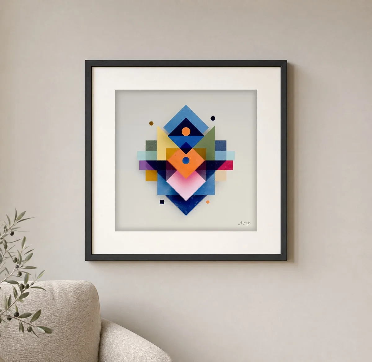 Bright Diamond Kite by Bassem, art print shown framed on a wall