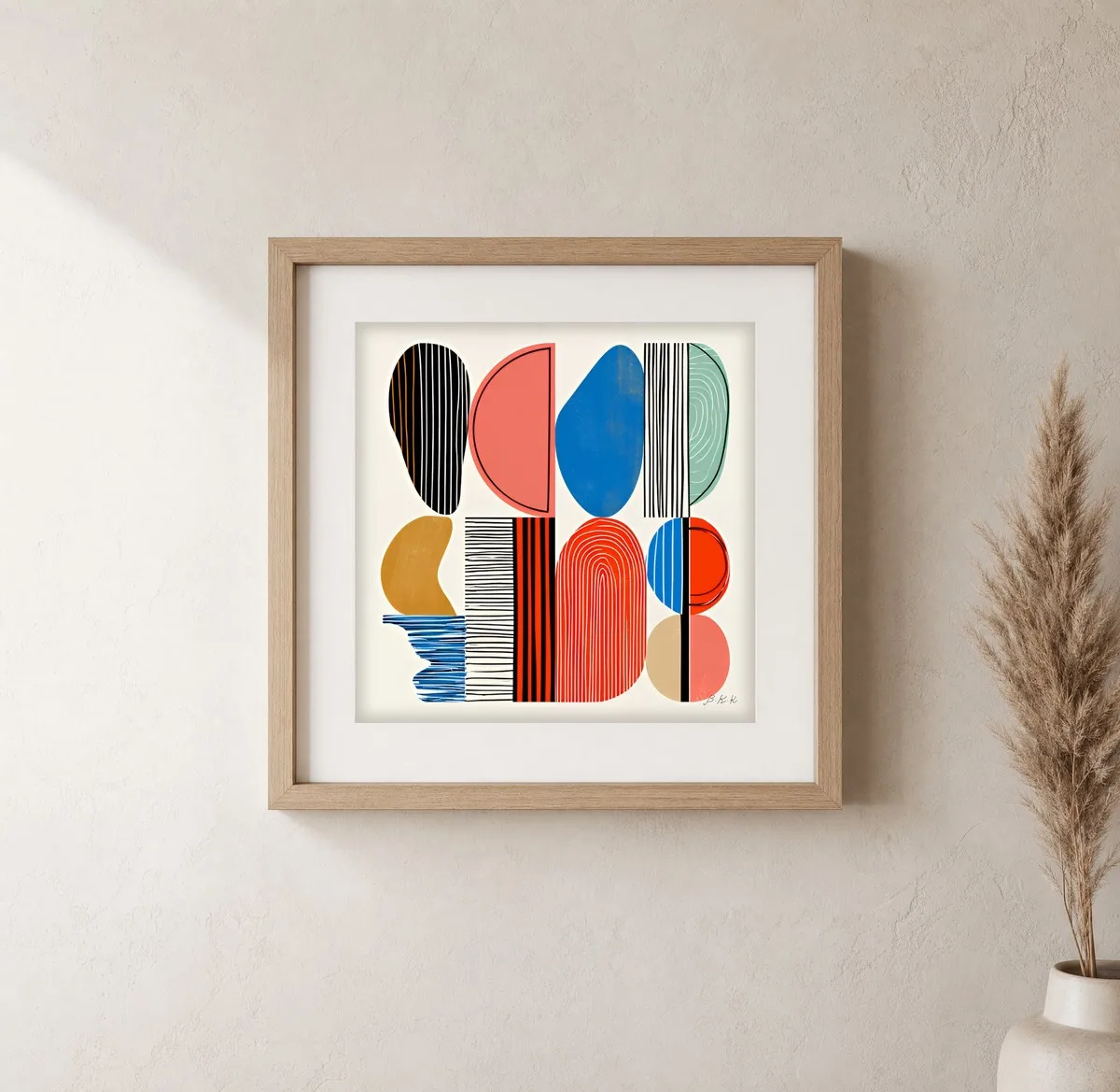 Stripes and Pebbles by Bassem, art print shown framed on a wall