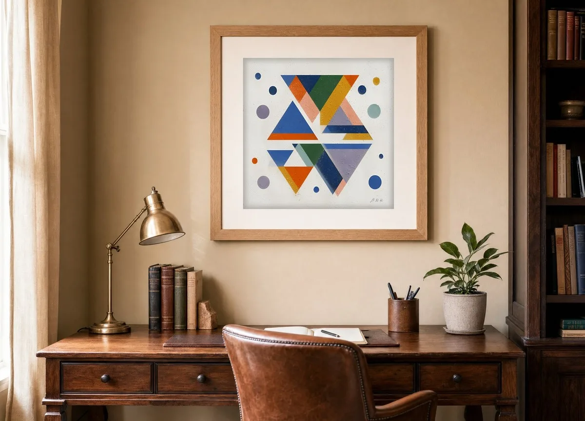 Confetti Triangles by Bassem, art print shown framed on a wall