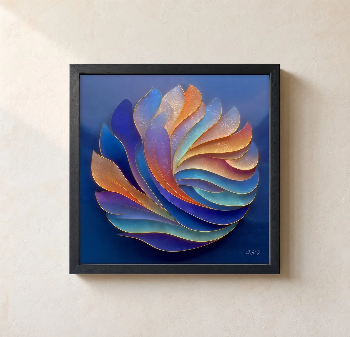 Feathered Color Wheel by Bassem, framed print on a wall