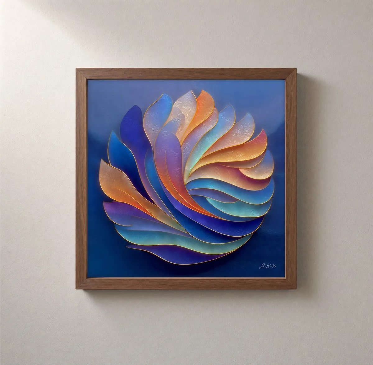 Feathered Color Wheel by Bassem, framed print on a wall