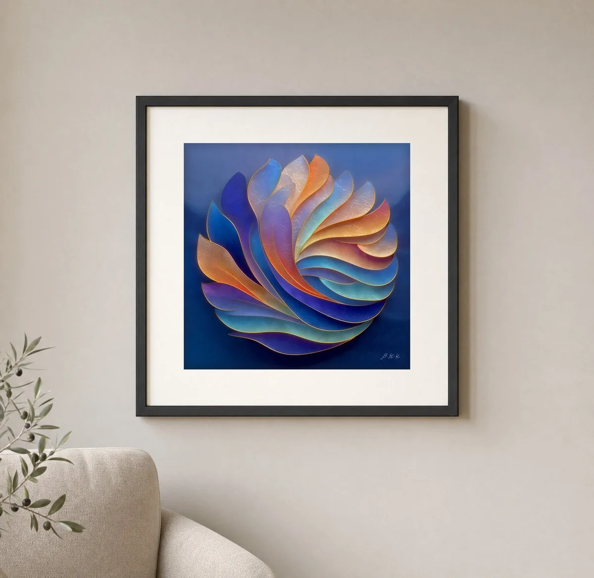 Feathered Color Wheel by Bassem, art print shown framed on a wall