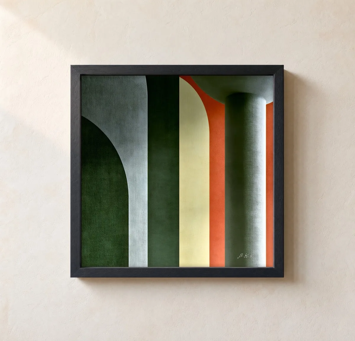 Arches in Forest Green by Bassem, framed print on a wall