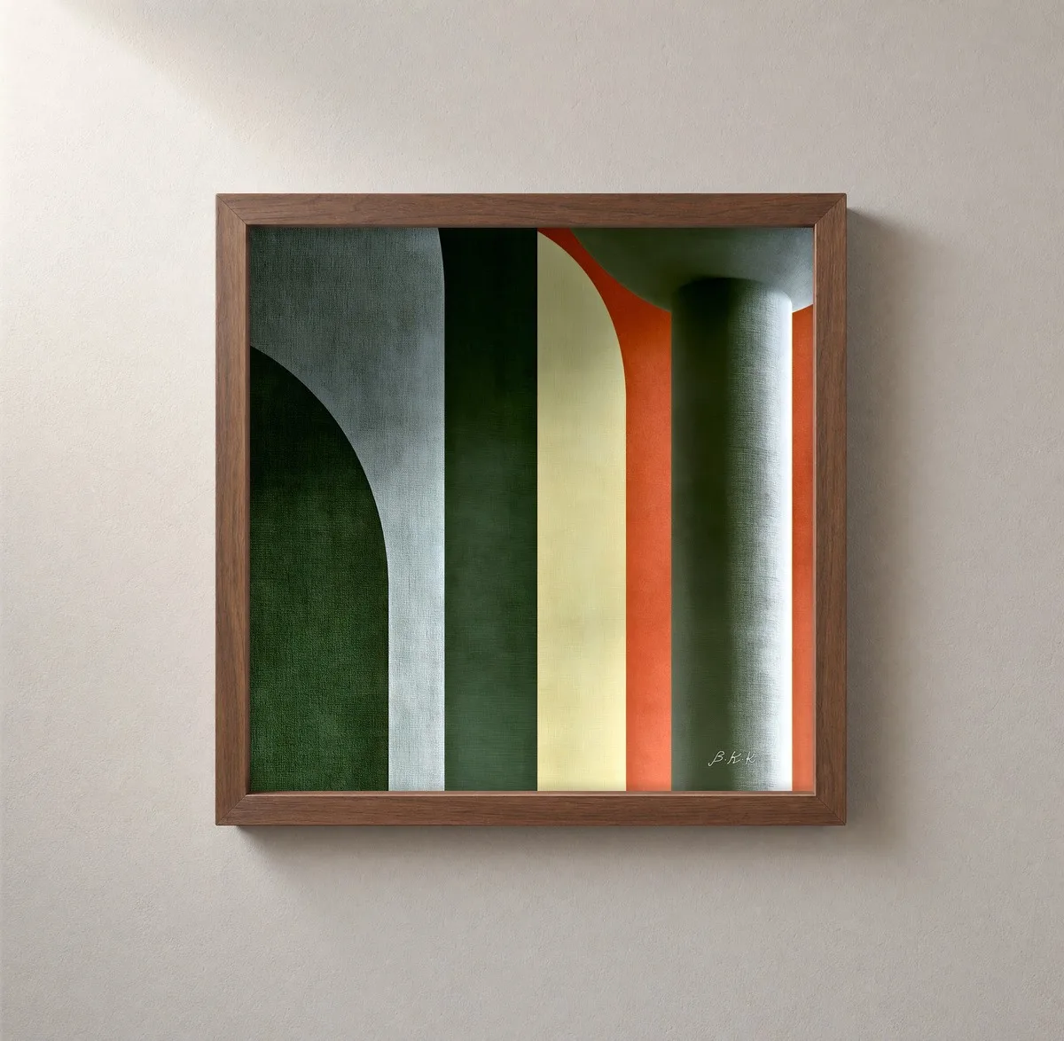 Arches in Forest Green by Bassem, framed print on a wall