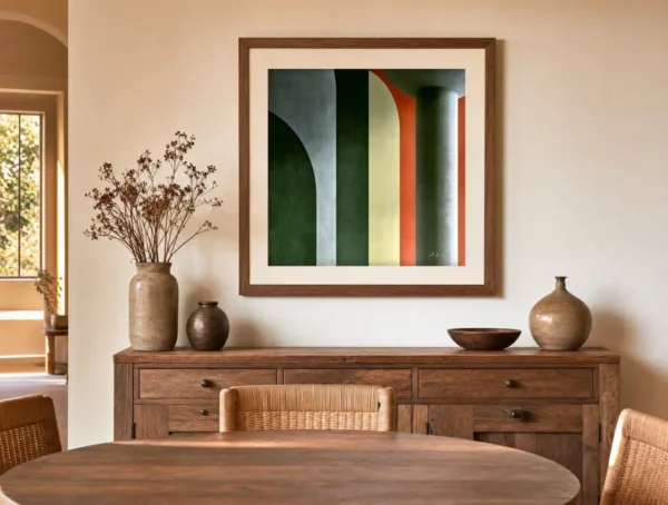 ba-0096-arches-in-forest-green-print-3-room-dining-walnut-v6 Arches in Forest Green by Bassem, art print shown framed on a wall