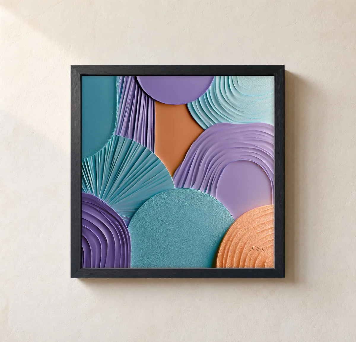 Lavender and Teal Fans by Bassem, framed print on a wall