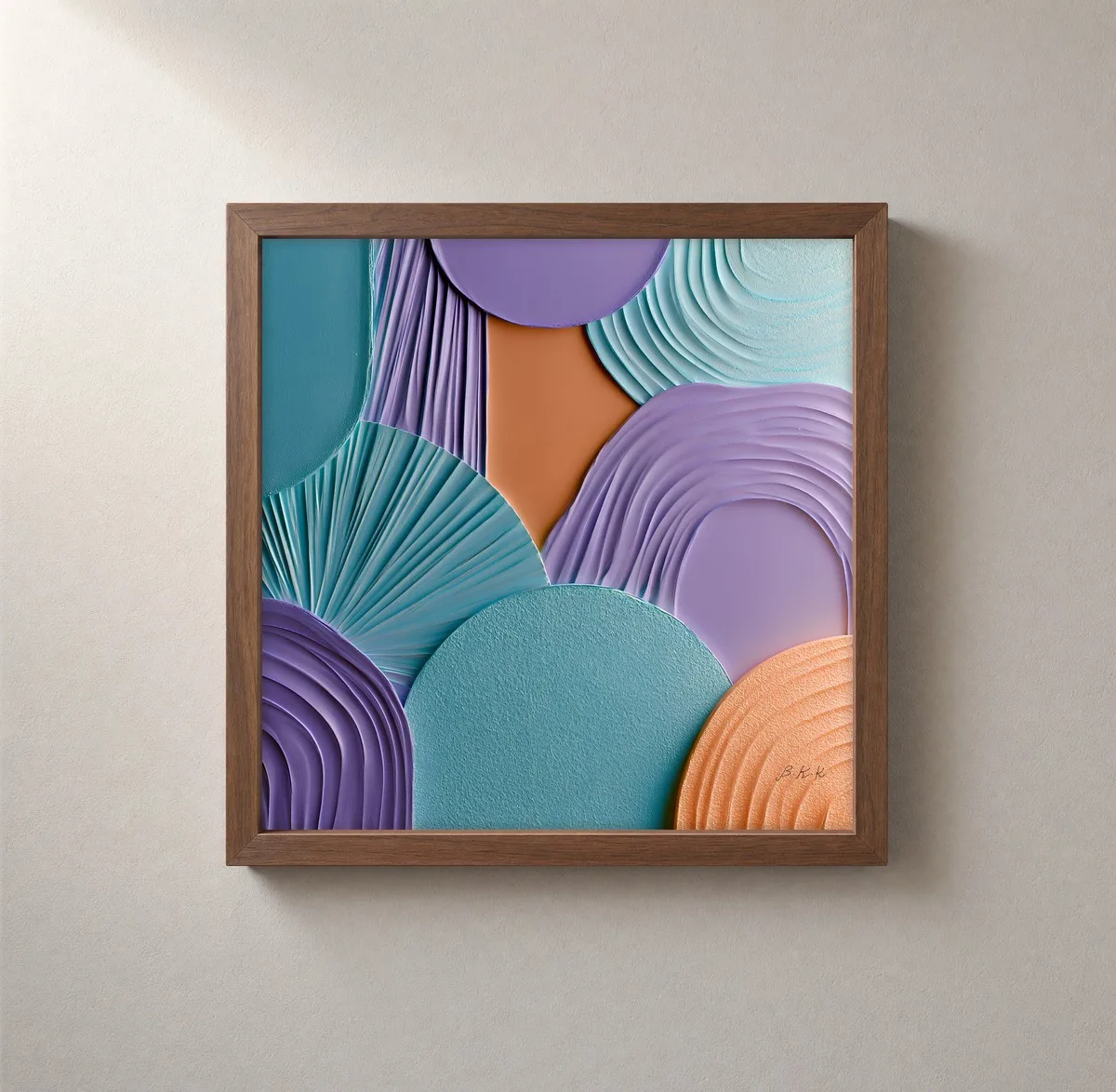 Lavender and Teal Fans by Bassem, framed print on a wall