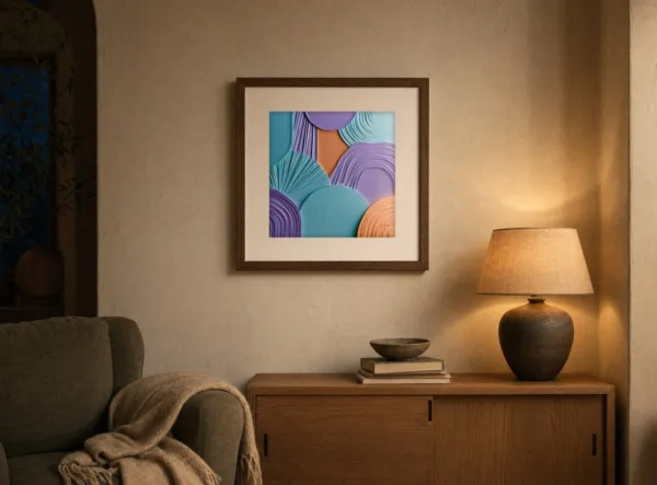 Lavender and Teal Fans by Bassem, art print shown framed on a wall