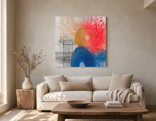 Gold and Blue Rings by Bassem, canvas on a wall