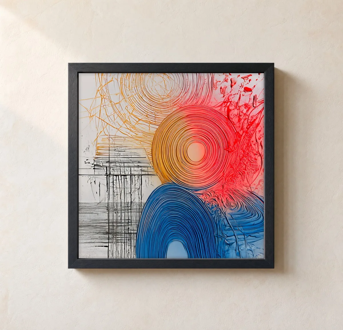 Gold and Blue Rings by Bassem, framed print on a wall