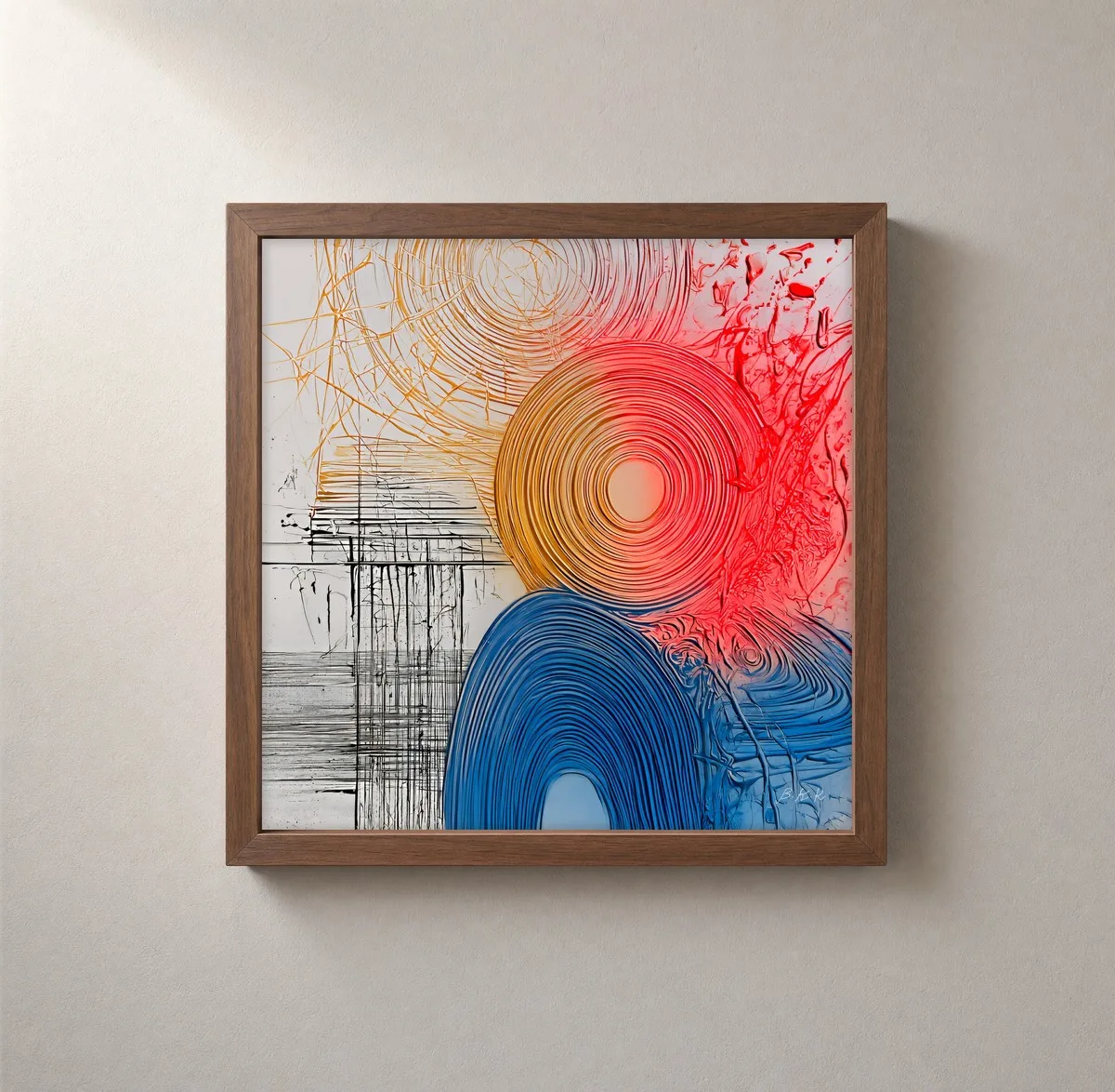 Gold and Blue Rings by Bassem, framed print on a wall