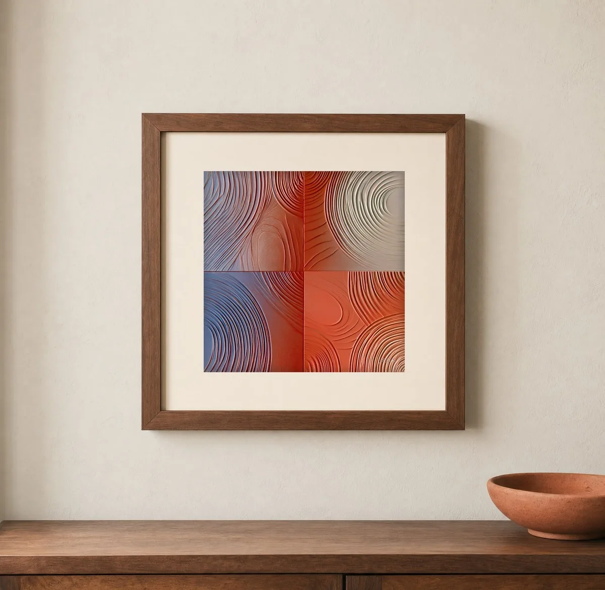 Rust and Slate Ripples by Bassem, art print shown framed on a wall