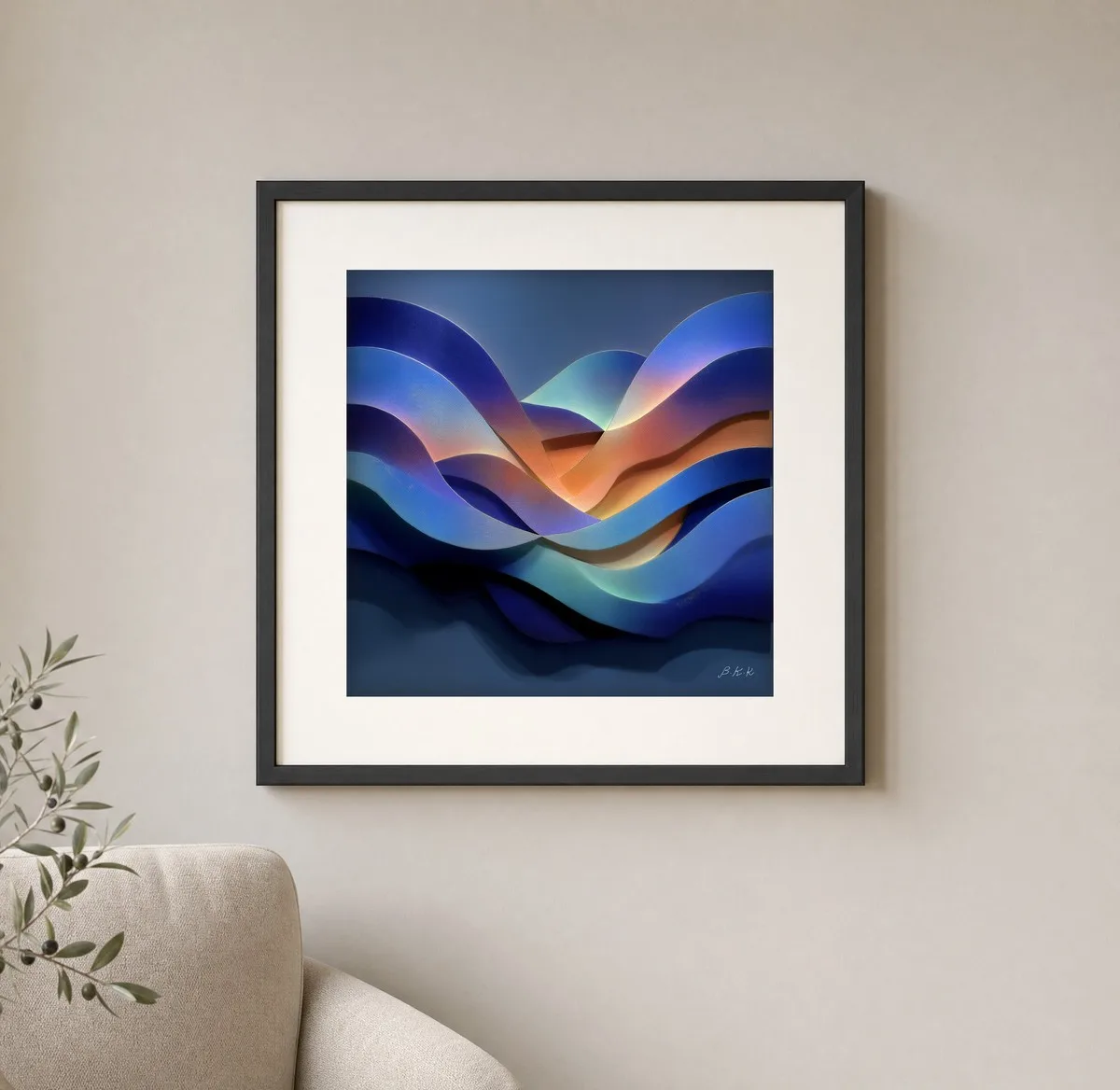 ba-0101-glow-between-the-waves-print-1-closeup-black-v6 Glow Between the Waves by Bassem, art print shown framed on a wall