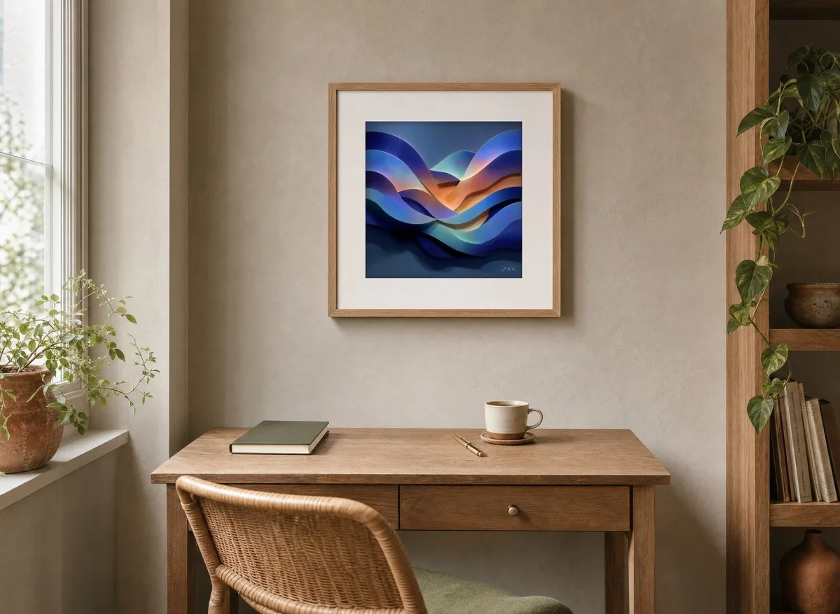Glow Between the Waves by Bassem, art print shown framed on a wall