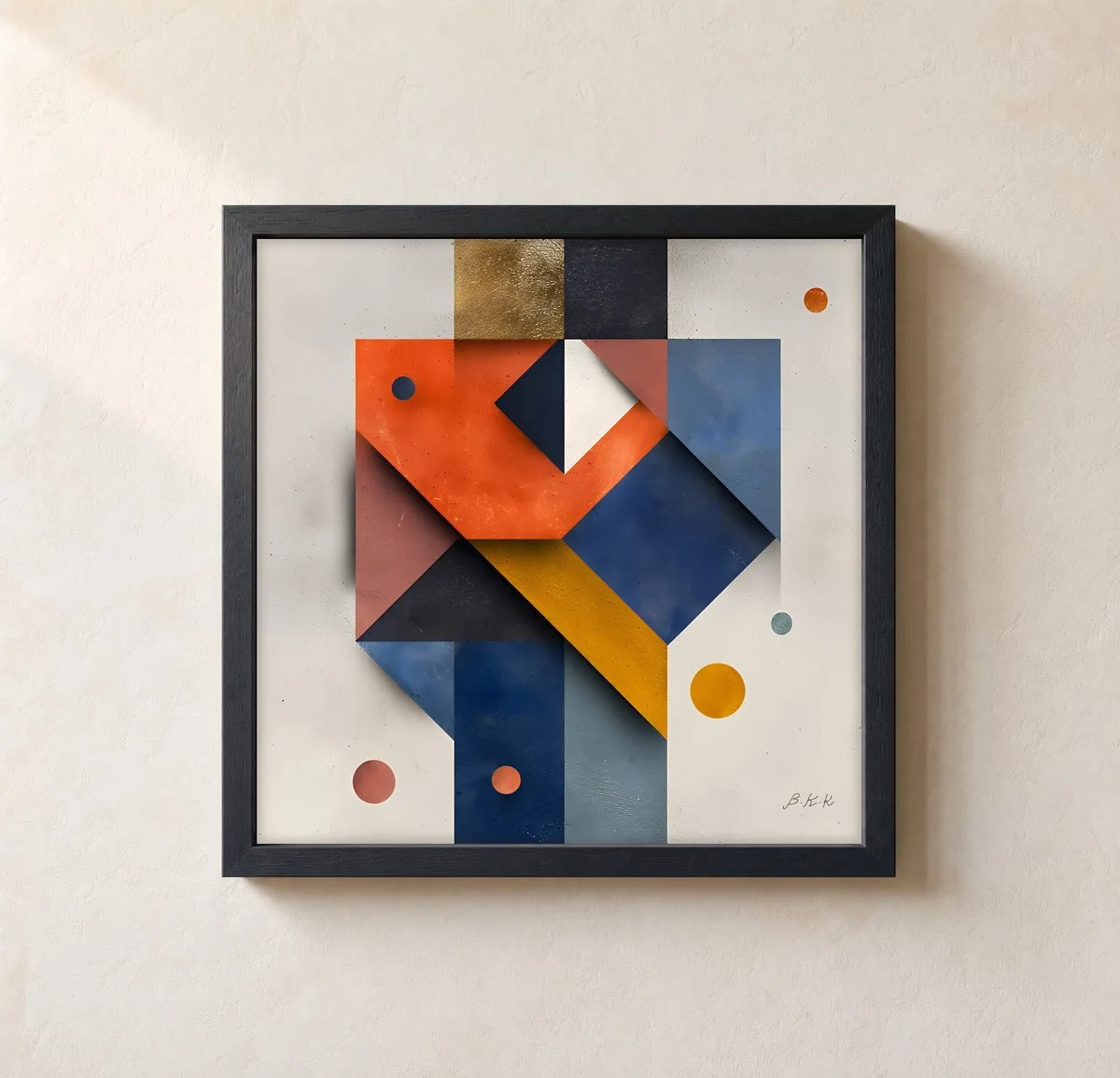 Orange Chevron Puzzle by Bassem, framed print on a wall
