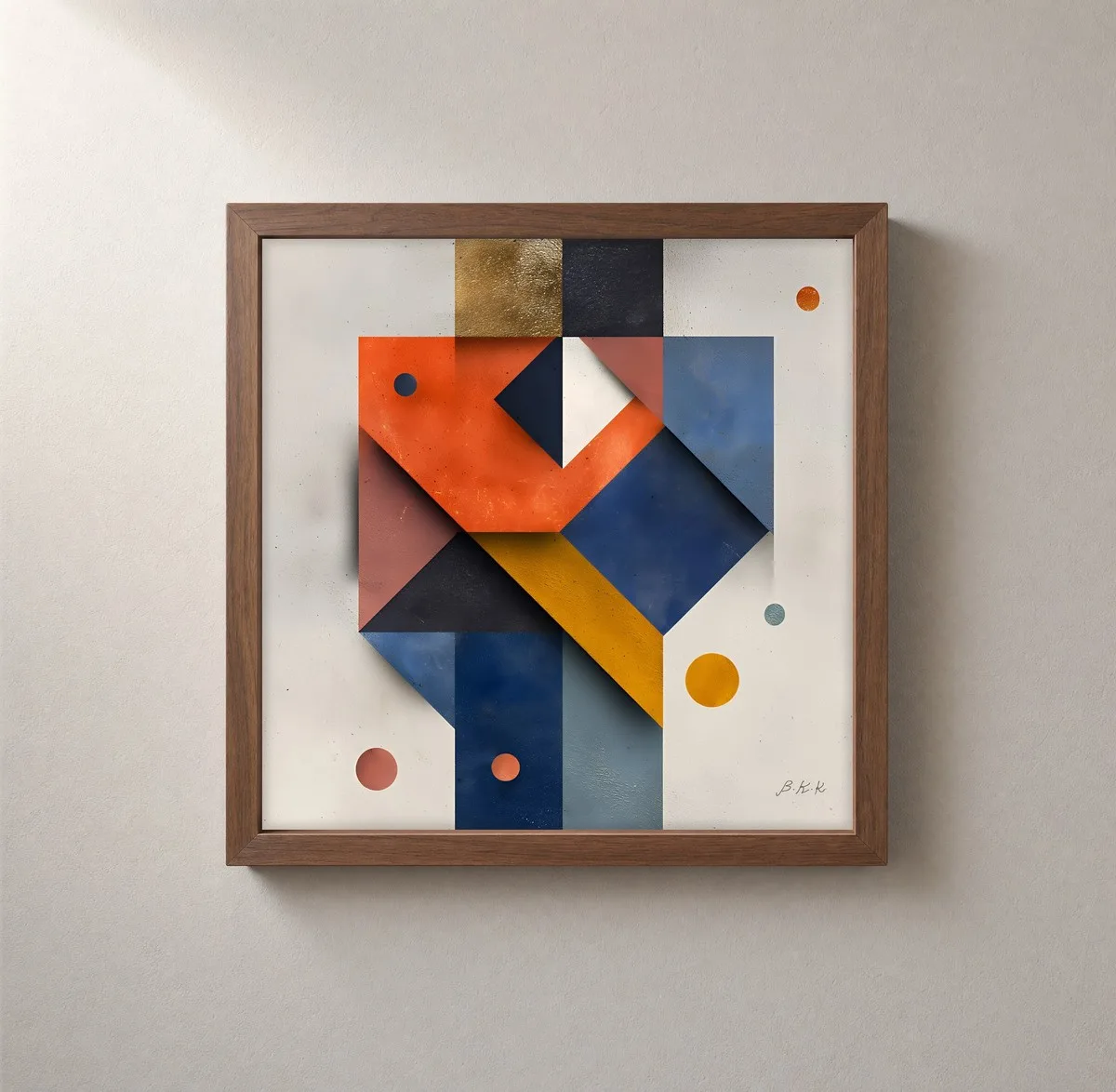 Orange Chevron Puzzle by Bassem, framed print on a wall