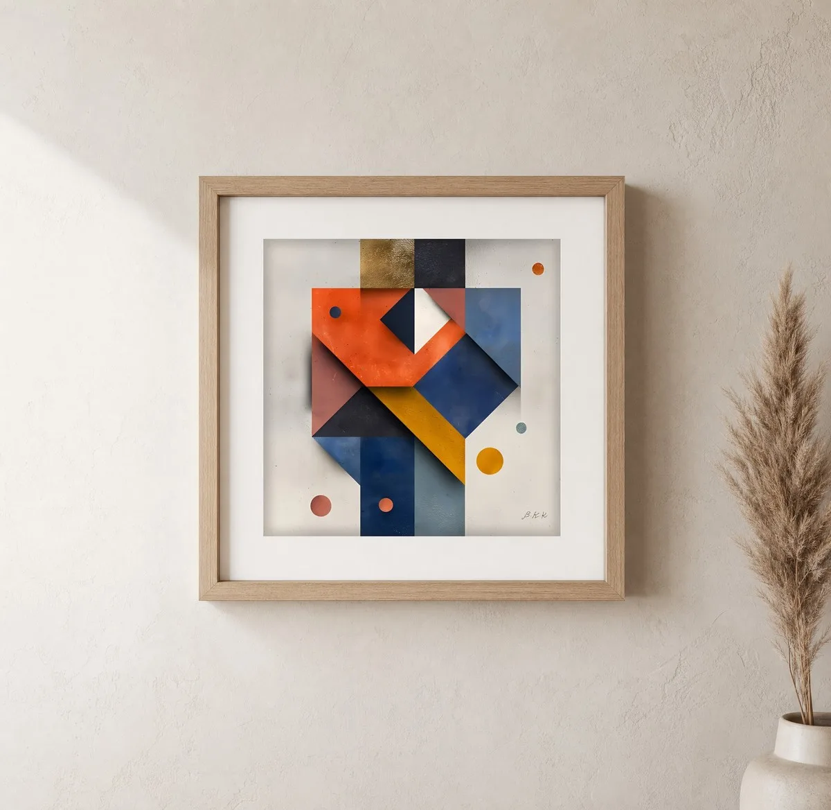 ba-0102-orange-chevron-puzzle-print-1-closeup-oak-v6 Orange Chevron Puzzle by Bassem, art print shown framed on a wall