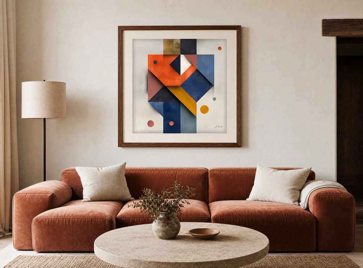Orange Chevron Puzzle by Bassem, art print shown framed on a wall