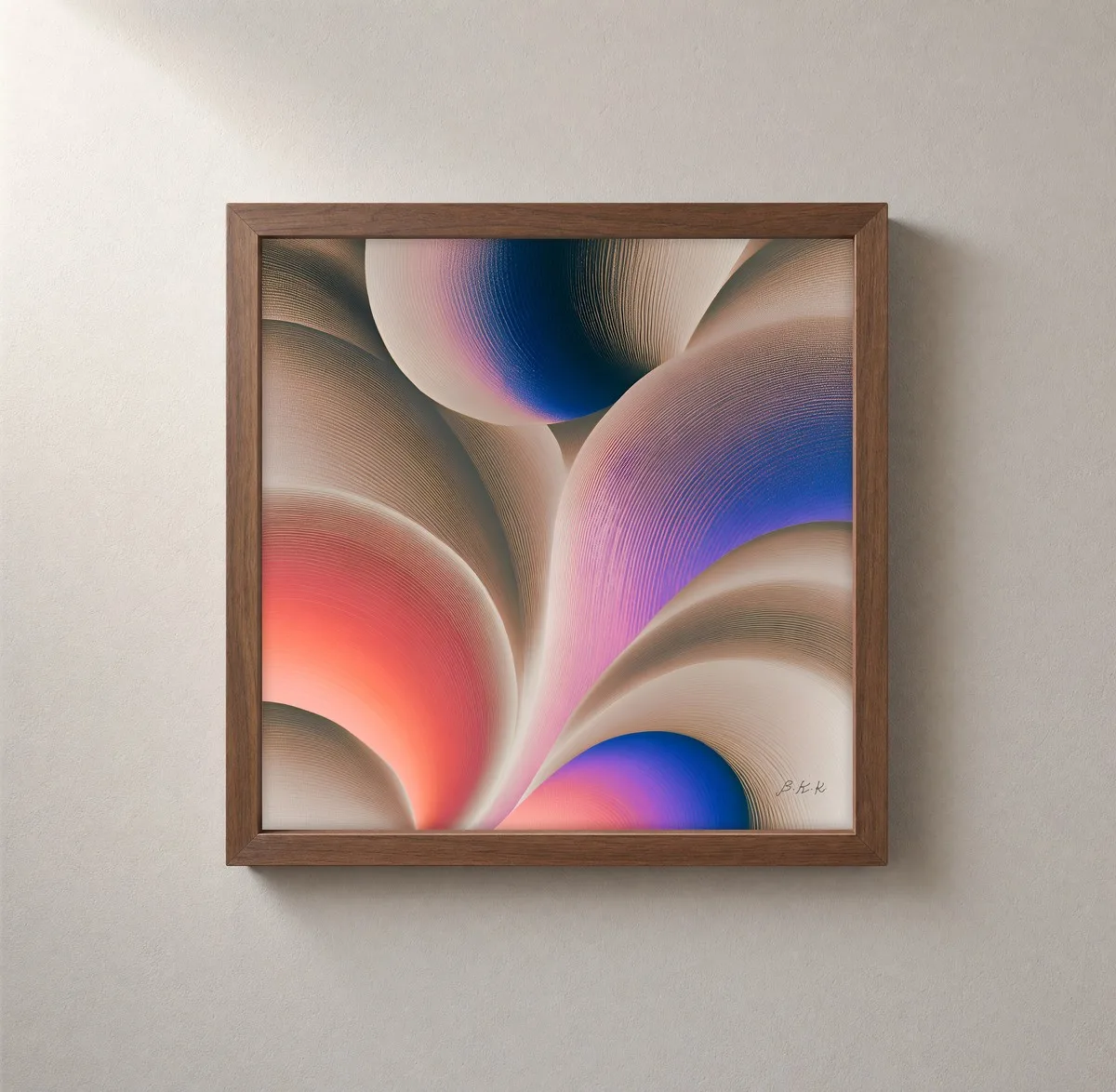 Shell Curves in Blush by Bassem, framed print on a wall