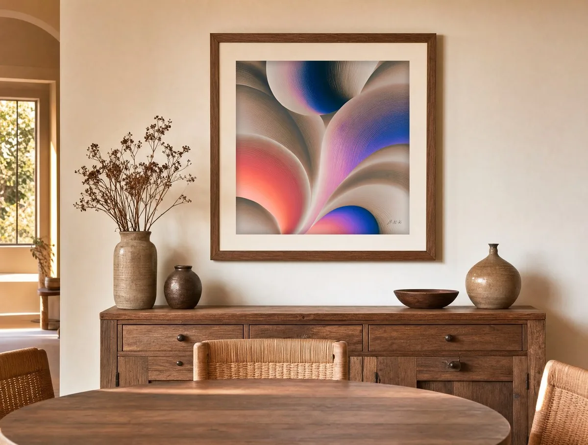 Shell Curves in Blush by Bassem, art print shown framed on a wall