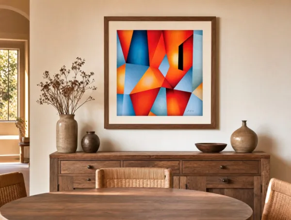 ba-0104-red-and-sky-facets-print-3-room-dining-walnut-v6 Red and Sky Facets by Bassem, art print shown framed on a wall