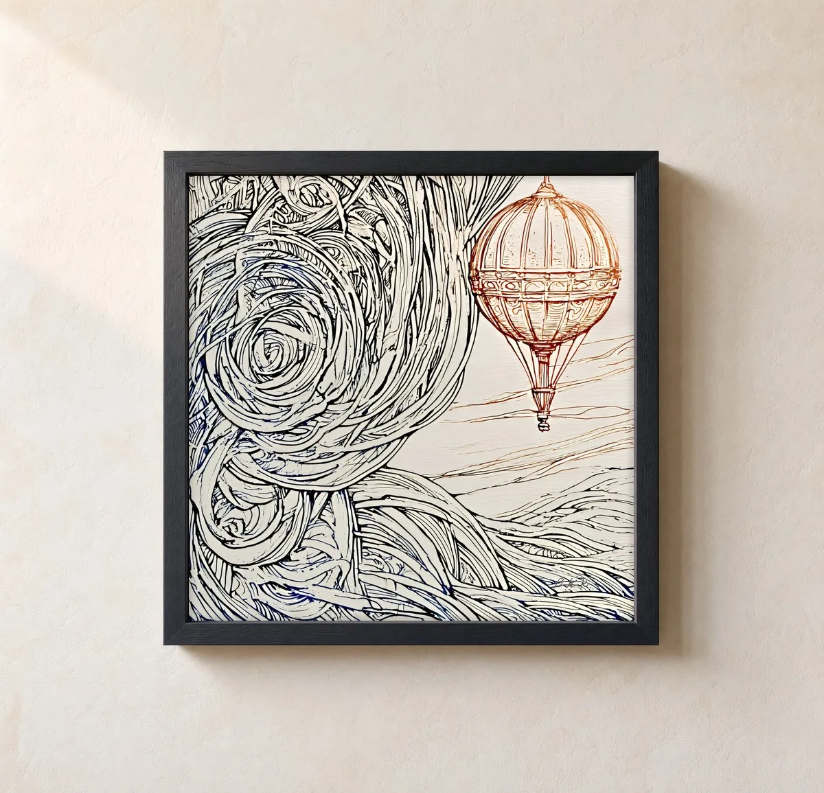 ba-0111-drifting-balloon-framed-1-thin-closeup-black-v4 Drifting Balloon by Bassem, framed print on a wall