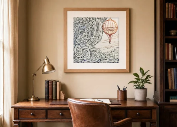Drifting Balloon by Bassem, art print shown framed on a wall