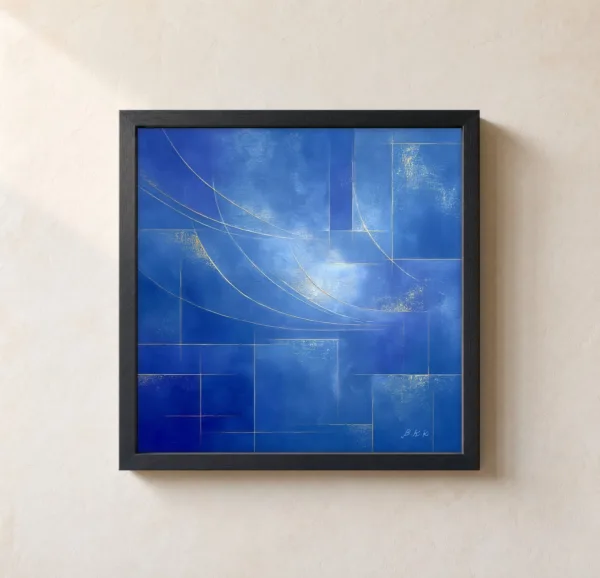 ba-0113-gold-lines-on-cobalt-framed-1-thin-closeup-black-v4 Gold Lines on Cobalt by Bassem, framed print on a wall