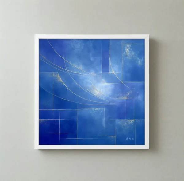 ba-0113-gold-lines-on-cobalt-framed-3-thin-closeup-white-v4 Gold Lines on Cobalt by Bassem, framed print on a wall
