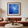 ba-0113-gold-lines-on-cobalt-print-3-room-living-terracotta-walnut-v6 Gold Lines on Cobalt by Bassem, art print shown framed on a wall