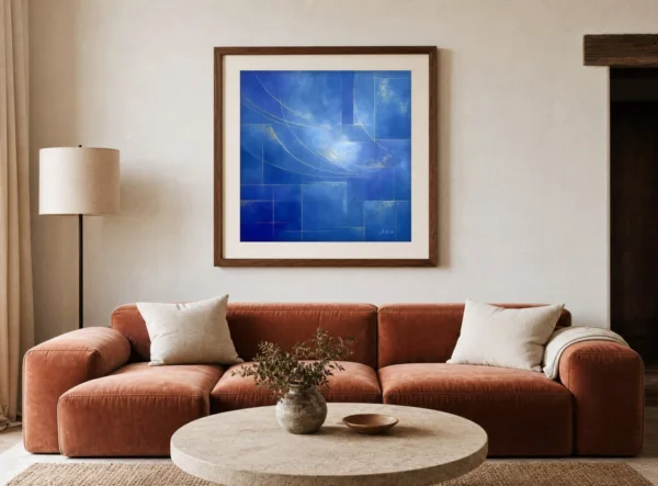 ba-0113-gold-lines-on-cobalt-print-3-room-living-terracotta-walnut-v6 Gold Lines on Cobalt by Bassem, art print shown framed on a wall