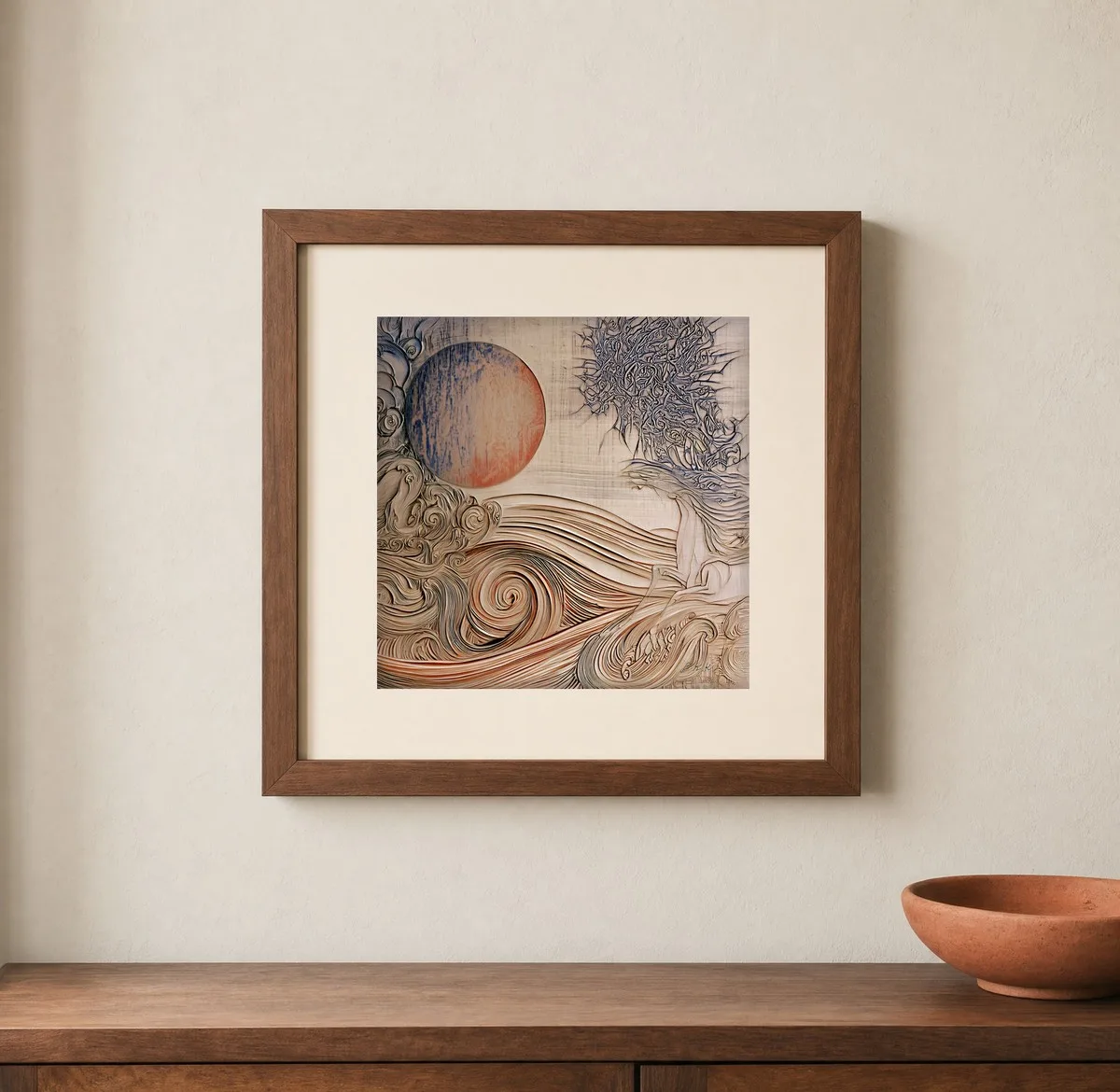 ba-0118-moon-over-the-swells-print-1-closeup-walnut-v6 Moon over the Swells by Bassem, art print shown framed on a wall