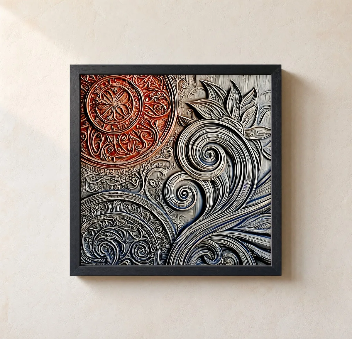 Medallion and Spiral by Bassem, framed print on a wall