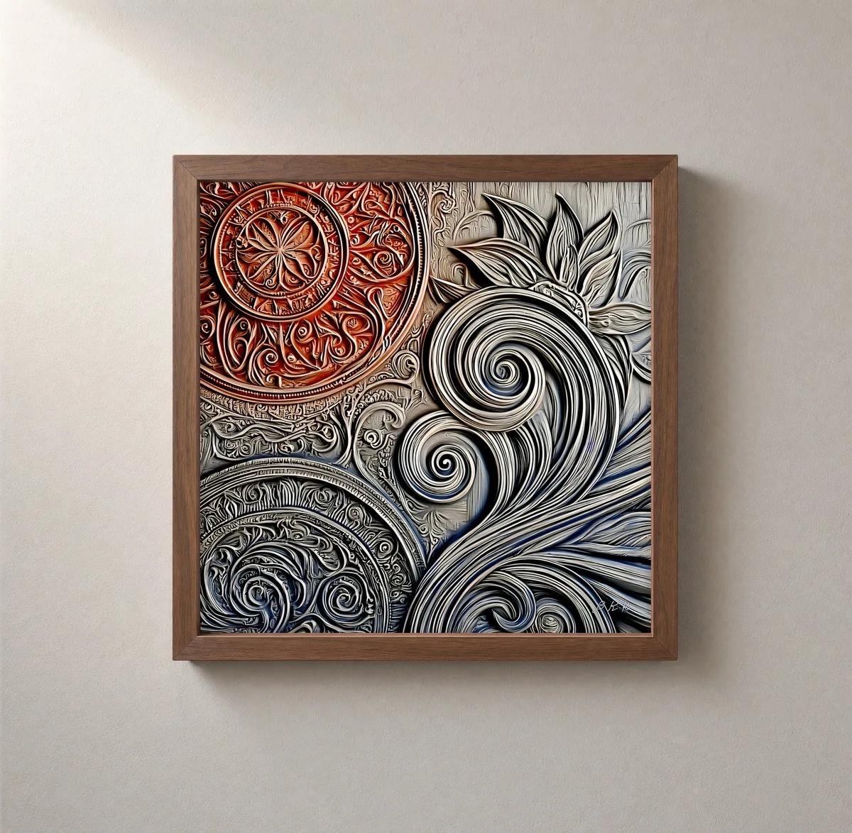Medallion and Spiral by Bassem, framed print on a wall