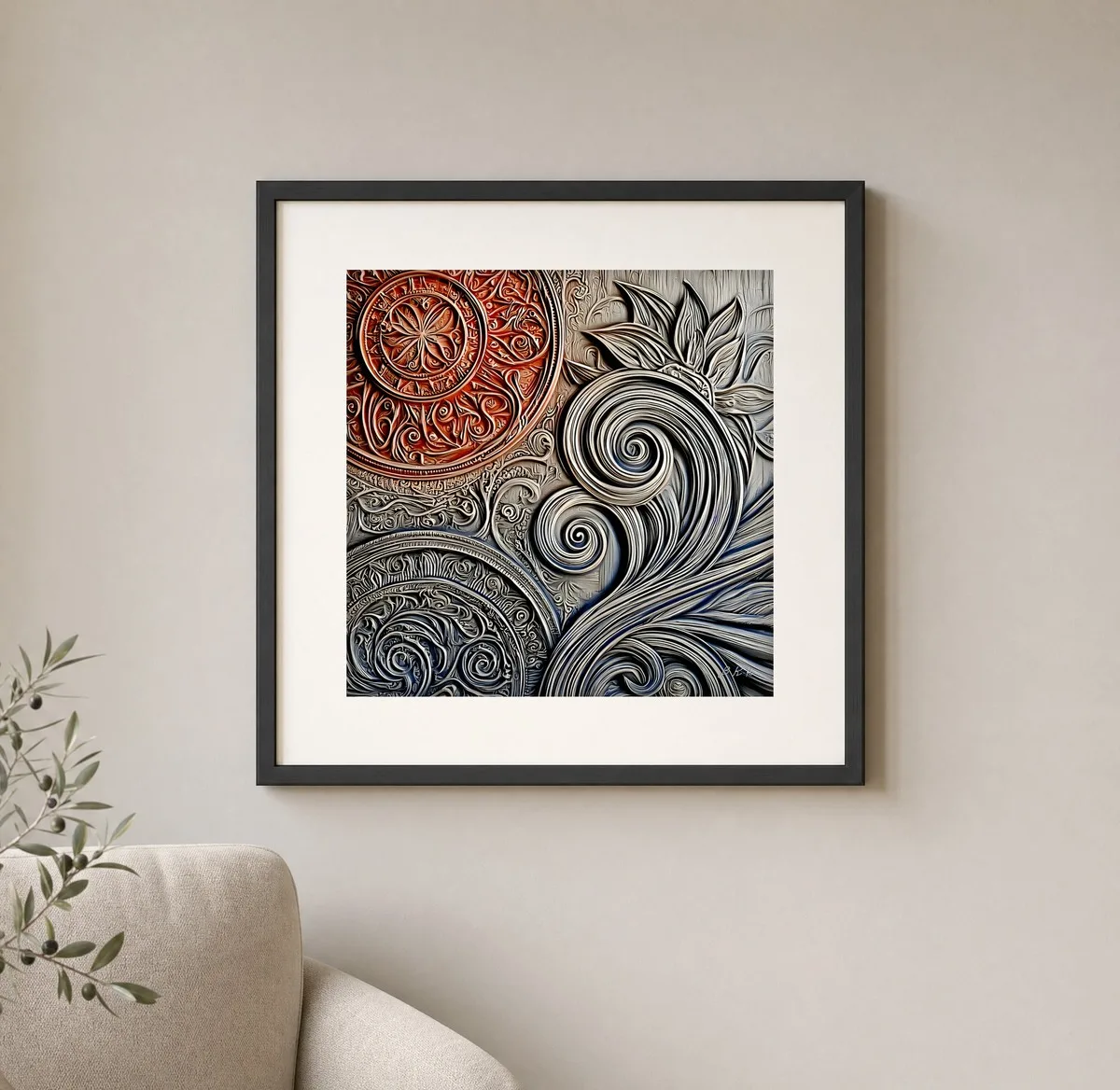 ba-0119-medallion-and-spiral-print-1-closeup-black-v6 Medallion and Spiral by Bassem, art print shown framed on a wall