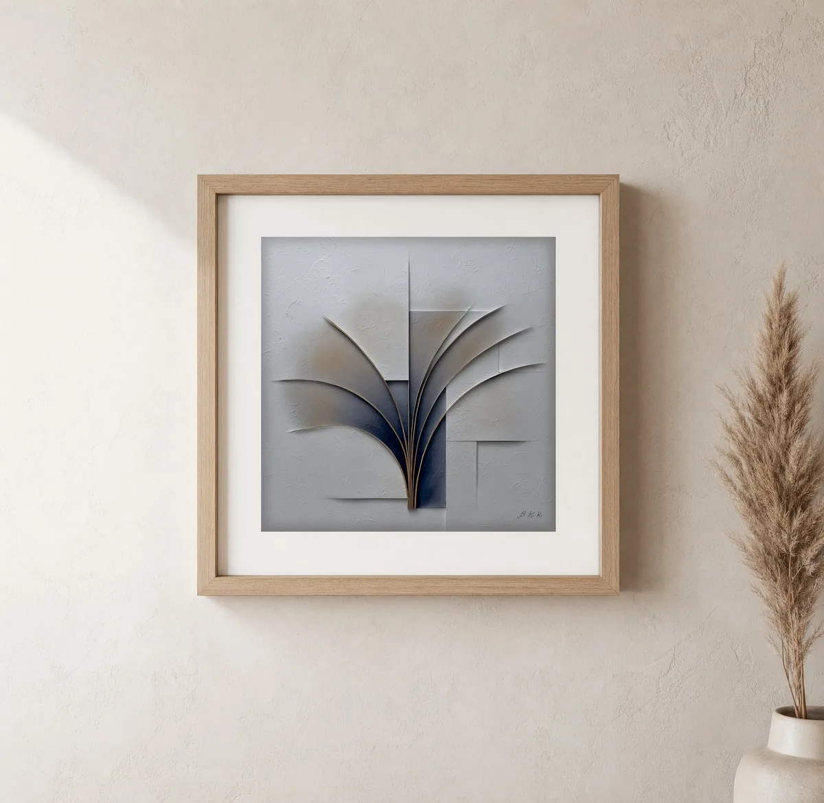 ba-0120-silver-fan-print-1-closeup-oak-v6 Silver Fan by Bassem, art print shown framed on a wall