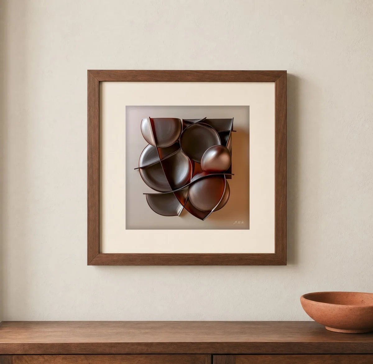 Burnished Bowls by Bassem, art print shown framed on a wall