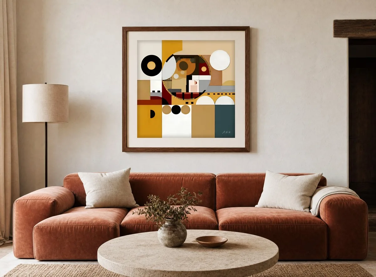 ba-0129-circle-over-the-arches-print-2-room-living-terracotta-walnut-v4 Circle Over the Arches by Bassem, art print shown framed on a wall