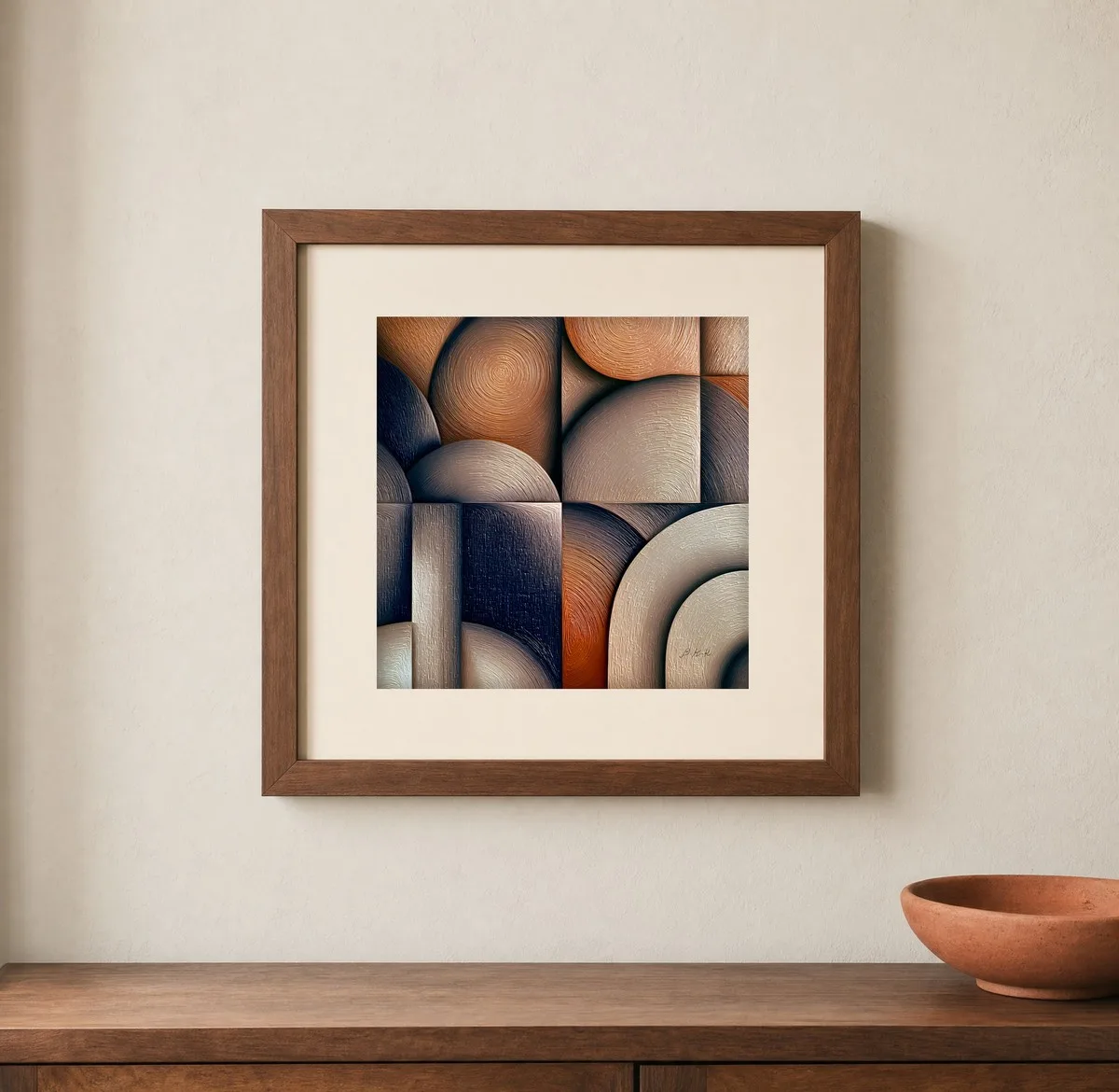 Sculpted Quarter Moons by Bassem, art print shown framed on a wall