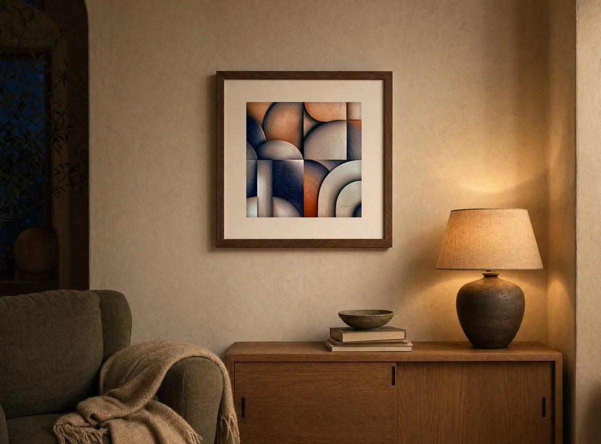 Sculpted Quarter Moons by Bassem, art print shown framed on a wall